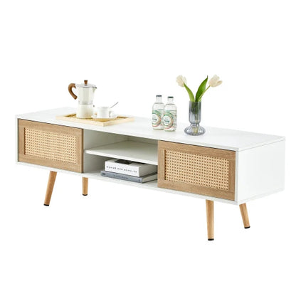 55.12-inch Rattan TV Cabinet Double Sliding Door Storage