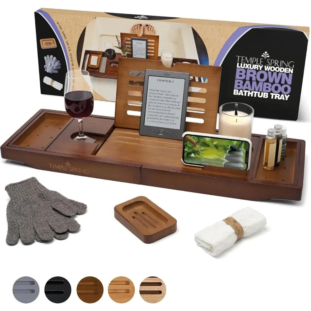 Adjustable Wooden Bathtub Caddy with Soap Dish
