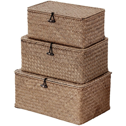 Natural Seagrass Bin with Lid Set of 3