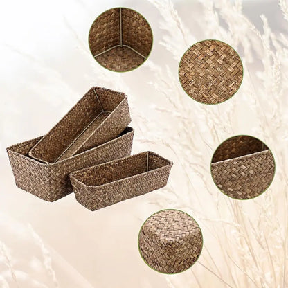 3 Natural Wicker Basket Set Handwoven Seagrass