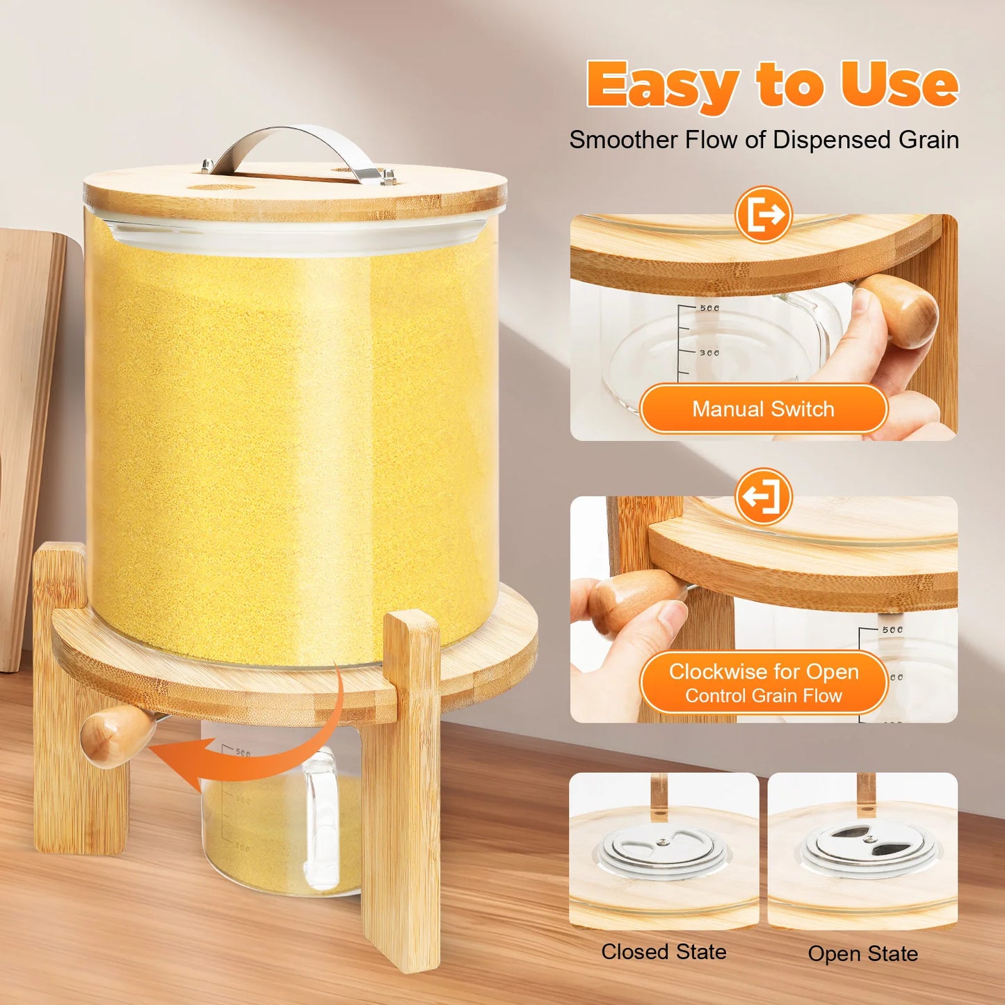 5L Clear Glass Cereal Dispenser with Sealed Bamboo Lid