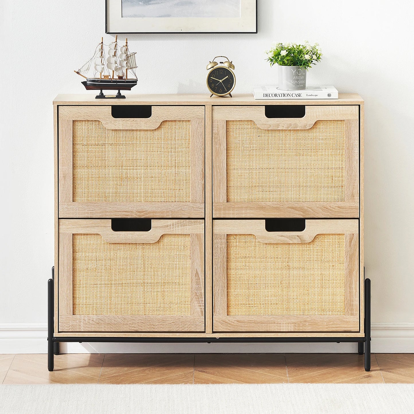 Rattan Shoe Cabinet with 4 Flip Drawers
