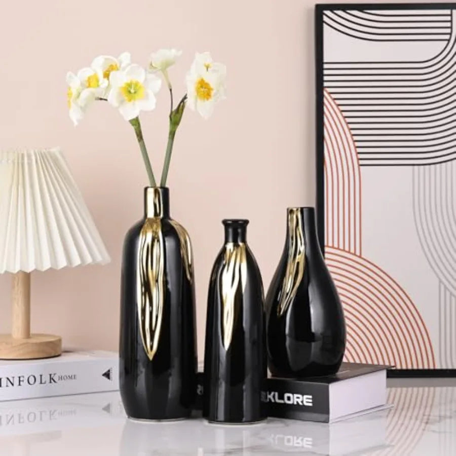 Ceramic Vase 3 Pcs Set Gold and Black