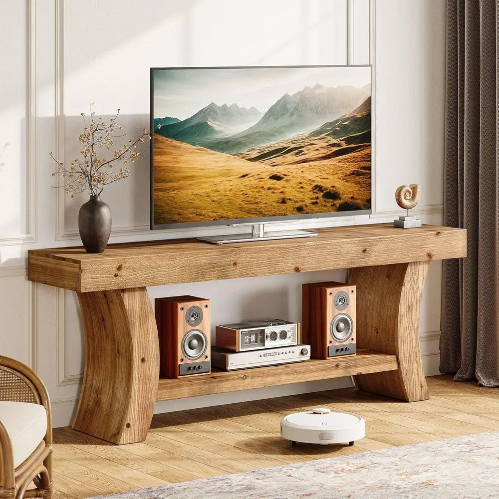 Solid Wood TV Stand Low Entertainment Center with Storage