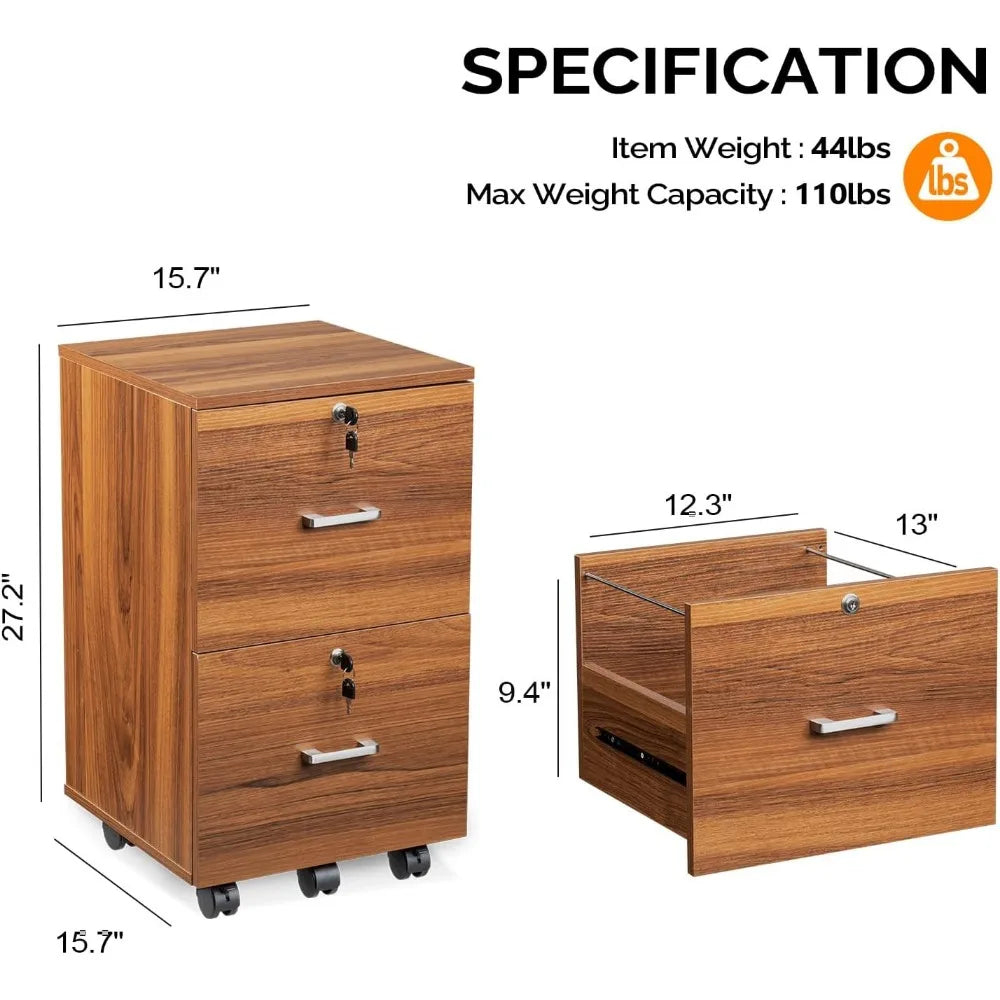 2-Drawer Rolling File Cabinet with Lock