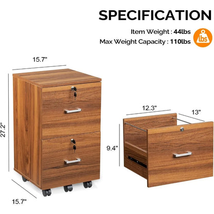 2-Drawer Rolling File Cabinet with Lock