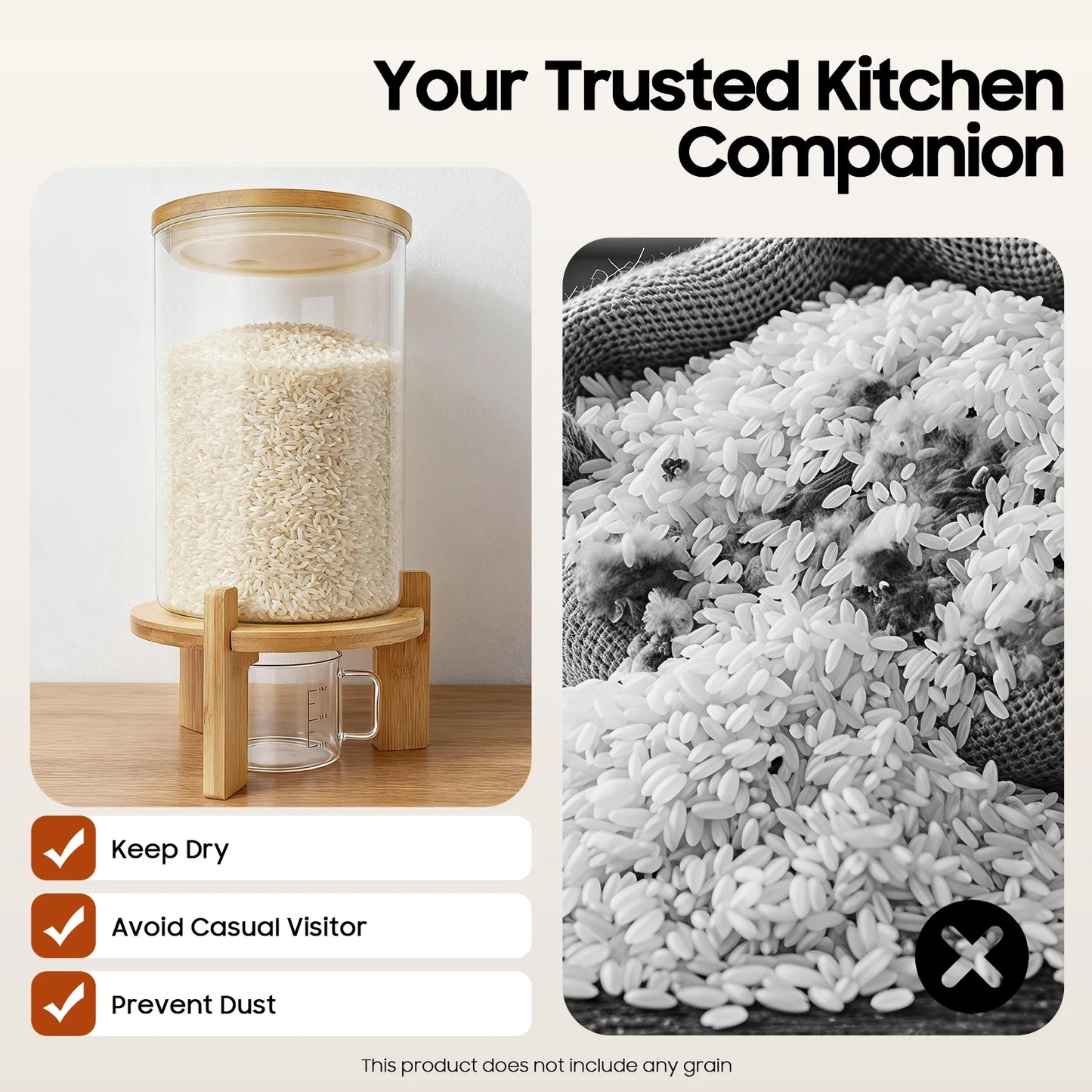 Round Glass Bamboo Cereal Dispenser Storage Container