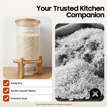 Round Glass Bamboo Cereal Dispenser Storage Container