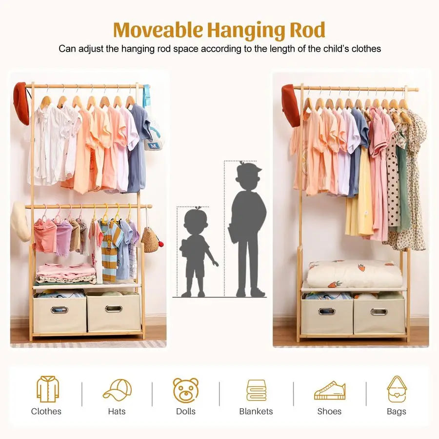 Clothing Rack Bamboo with 2 Storage Baskets