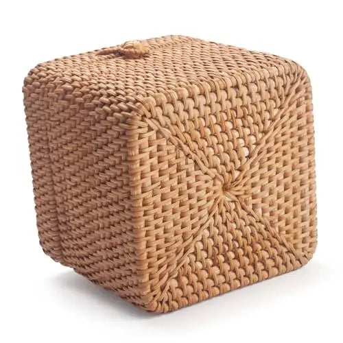 Handwoven Natural Rattan Square Tissue Box With Lid
