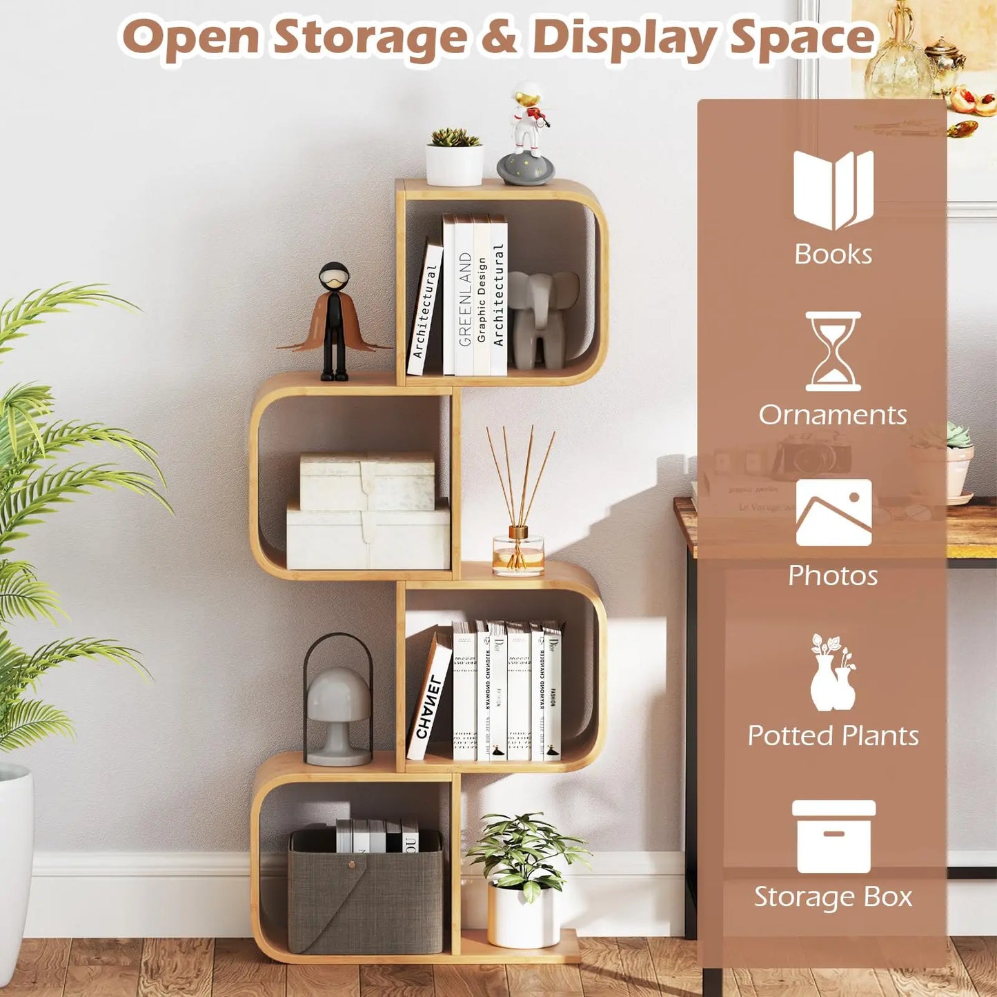 S-Shaped Bamboo Bookshelf 4-Tier Open Cube