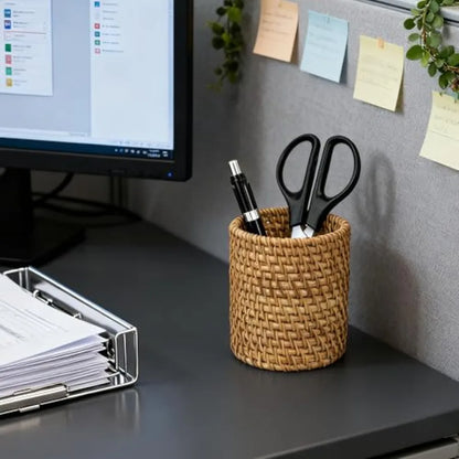 Wicker Rattan Pencil Holder Desk Organizer Cup