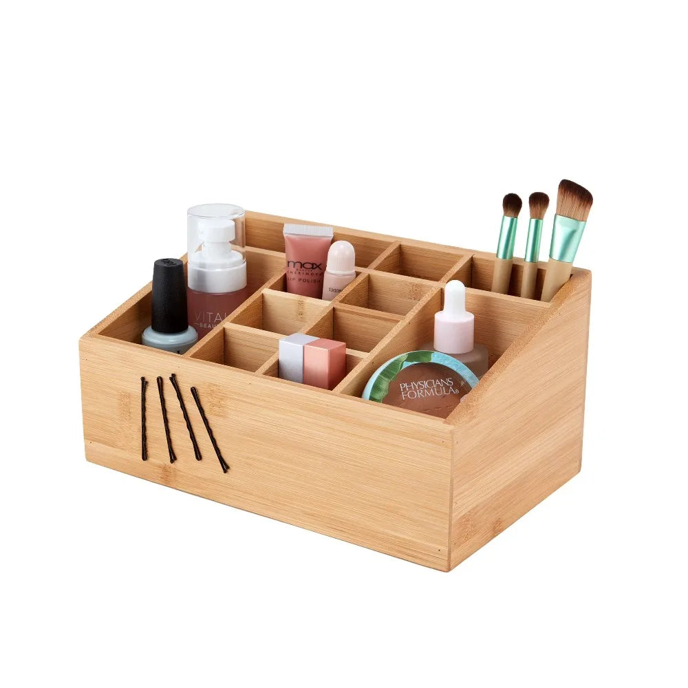 Bamboo Bathroom Organizer 12 Compartments Storage Rack