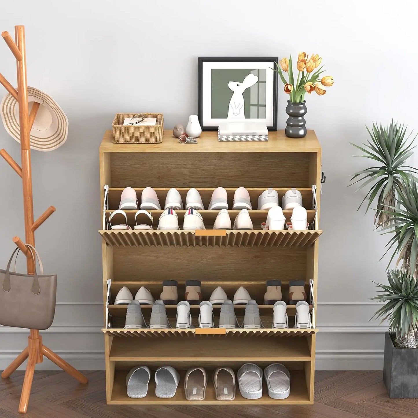 Slim Fluted Shoe Cabinet with 2 Flip Drawers