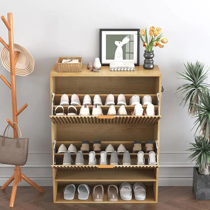 Slim Fluted Shoe Cabinet with 2 Flip Drawers