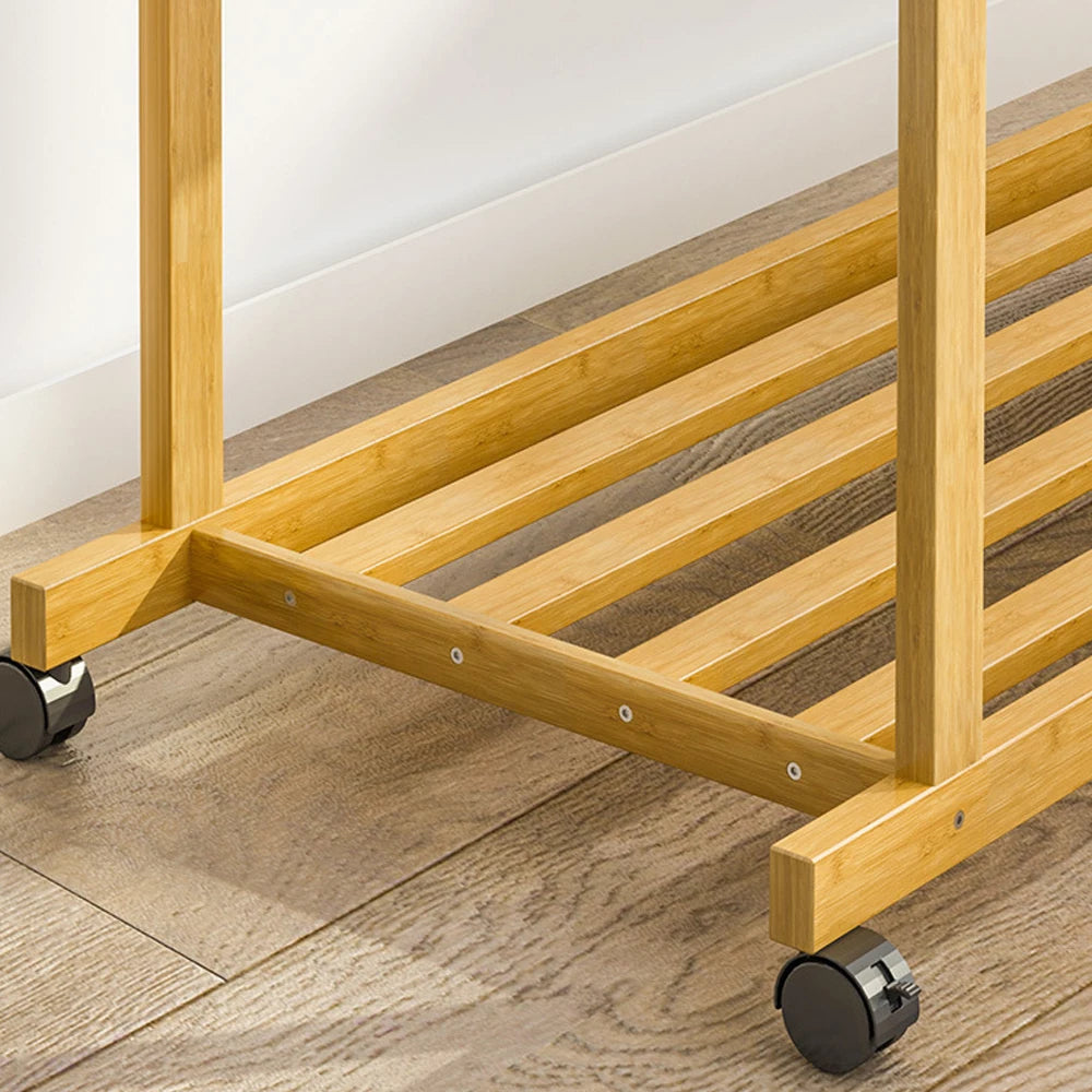 Bamboo Clothes Rail Rack on Wheels Free Standing