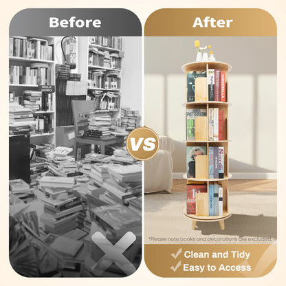 4 Tiers Freestanding Pine Wood Rotating Bookshelf