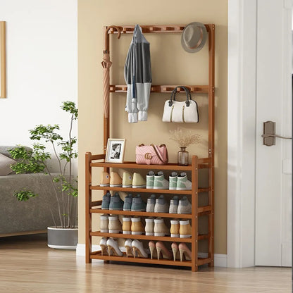 Large Wooden 5 Tiers Coat Stand Shoe Rack Hanger