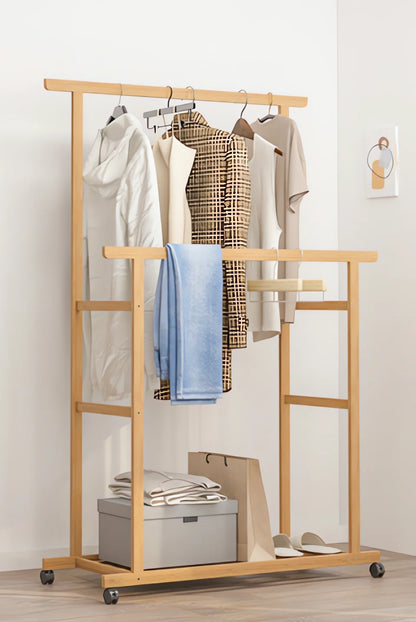 Bamboo Clothes Rail Rack on Wheels Free Standing
