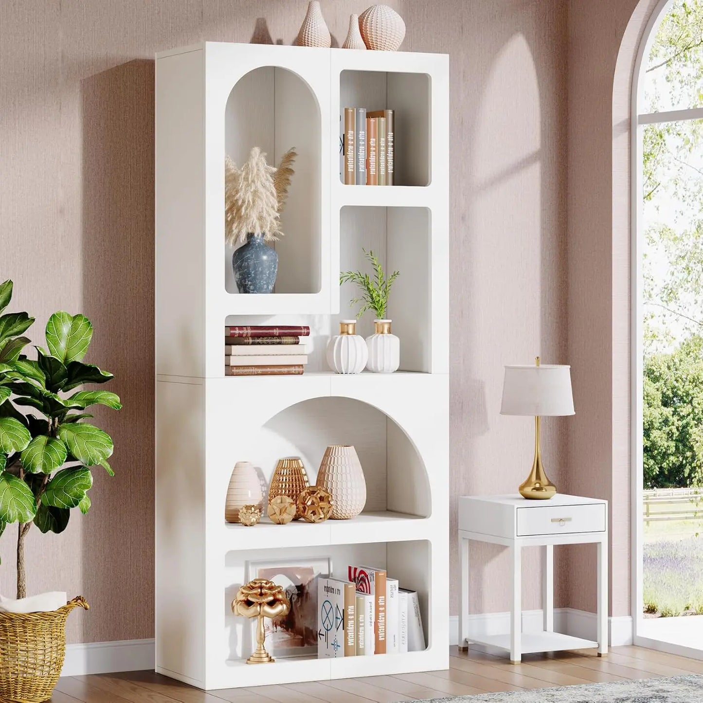 White Arched Bookcase with 5 Irregular Storage Shelves
