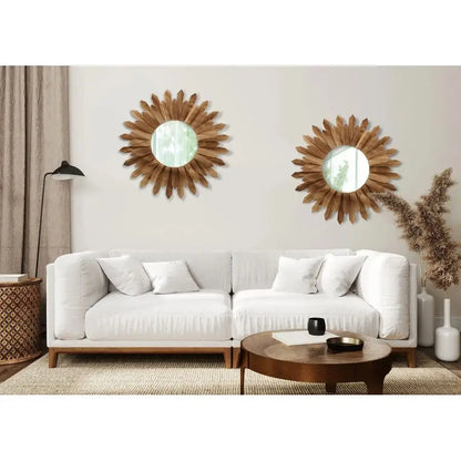 2 Pack 22 Inch Boho Wall Sunburst  Round Wood Mirror