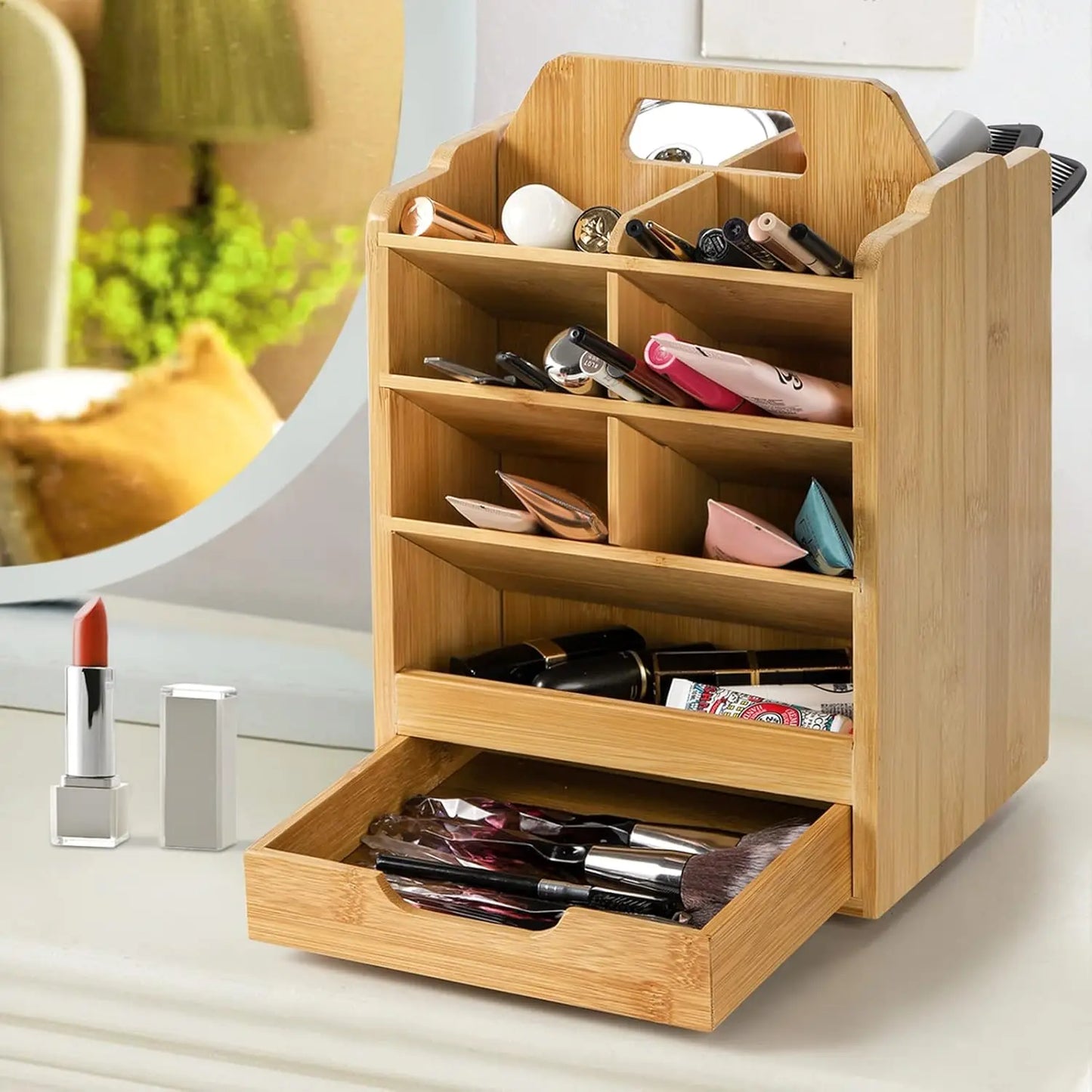 Rotating Bamboo Pen Holder Organizer Desk Stand