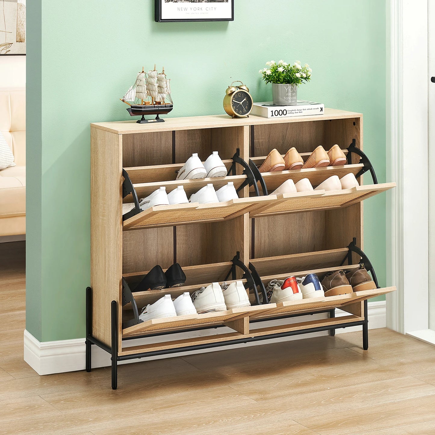Rattan Shoe Cabinet with 4 Flip Drawers