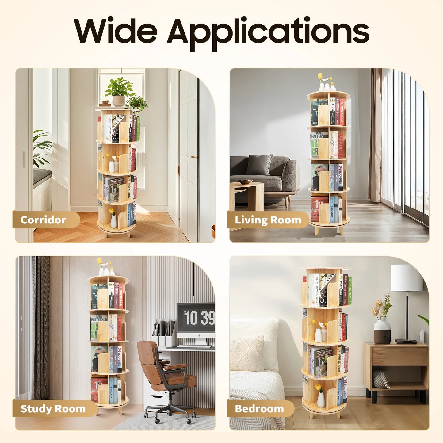 4 Tiers Freestanding Pine Wood Rotating Bookshelf
