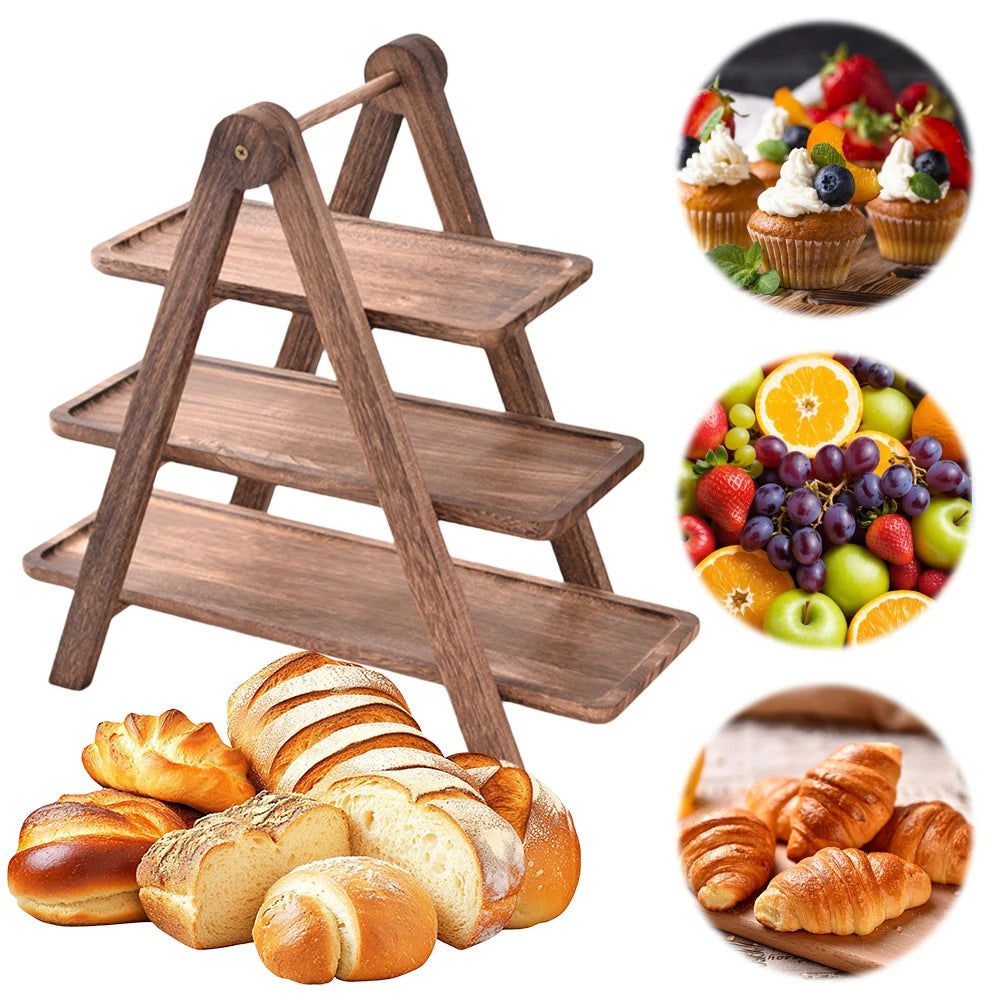 2Pcs Wooden Serving Platter 3 Tier Serving Tray