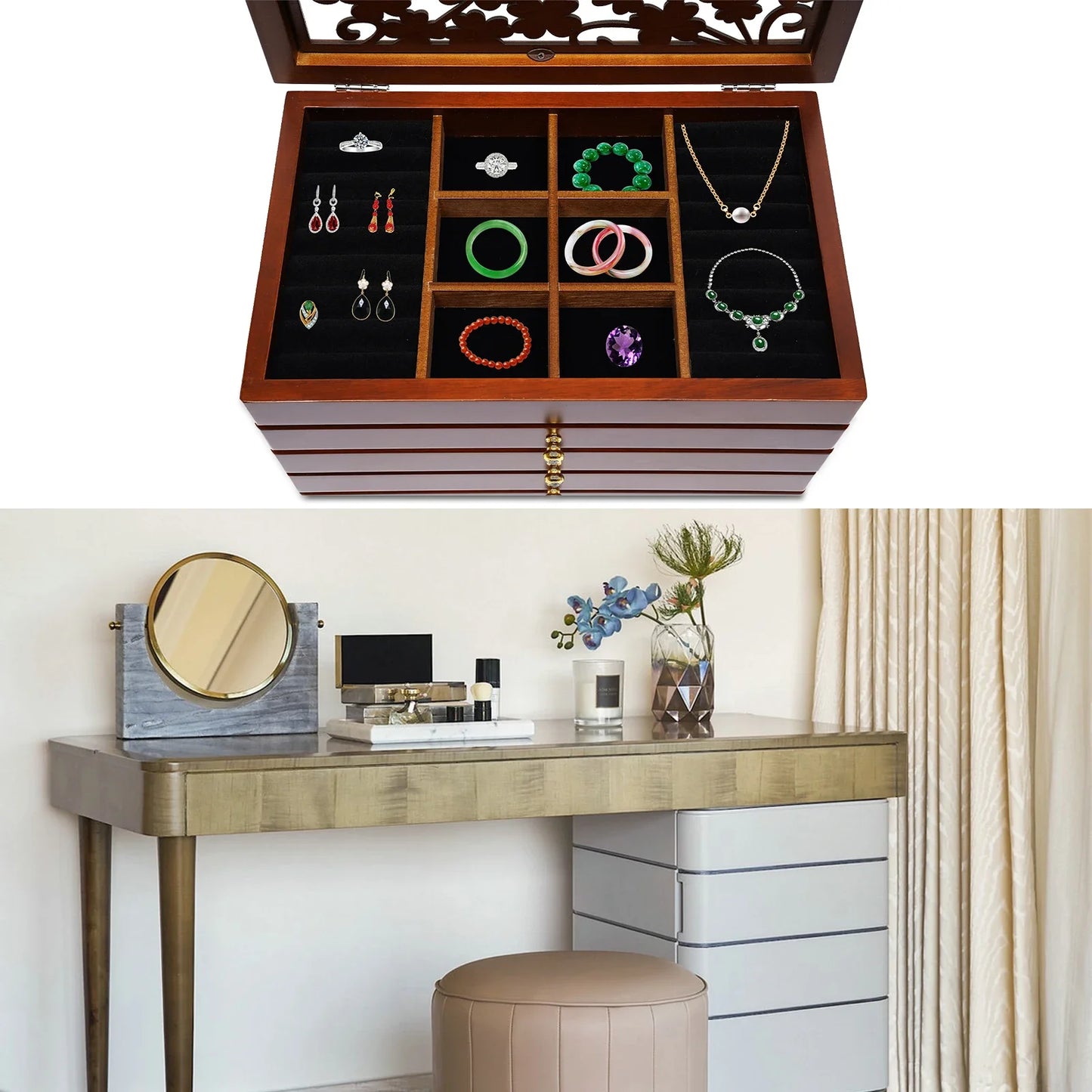 Wooden Vintage Jewelry Storage Box Case Organizer