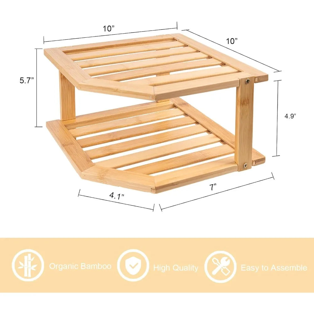 2 Tier Bamboo Corner Shelf for Kitchen Cabinet