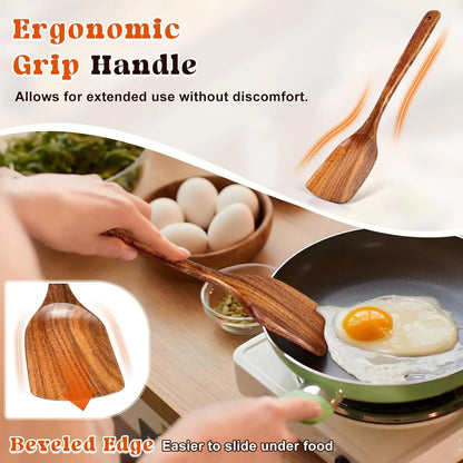 2Pcs Wooden Long Handle Flat Frying Spatulas