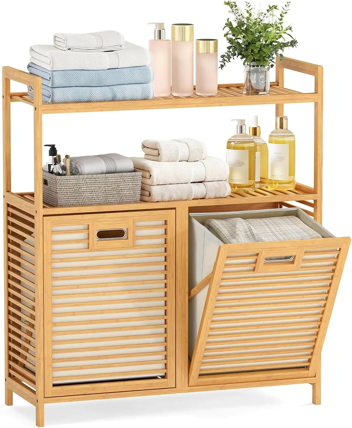 Double Tilt Out Laundry Hamper w/2-Tier Storage Shelf