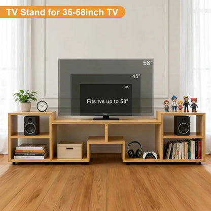 Walnut 65-inch TV Stand with Storage and Open Shelves for Large City Living, Bedroom, or Sofa Area, Easy Assembly