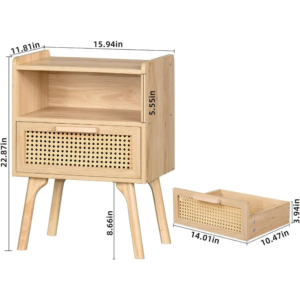 Rattan Nightstand with Drawer and Open Shelf