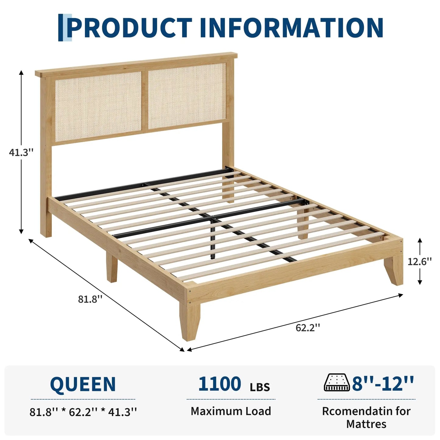 Queen Size Rattan Bed Frame with LED Lights
