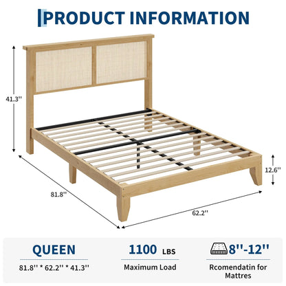 Queen Size Rattan Bed Frame with LED Lights