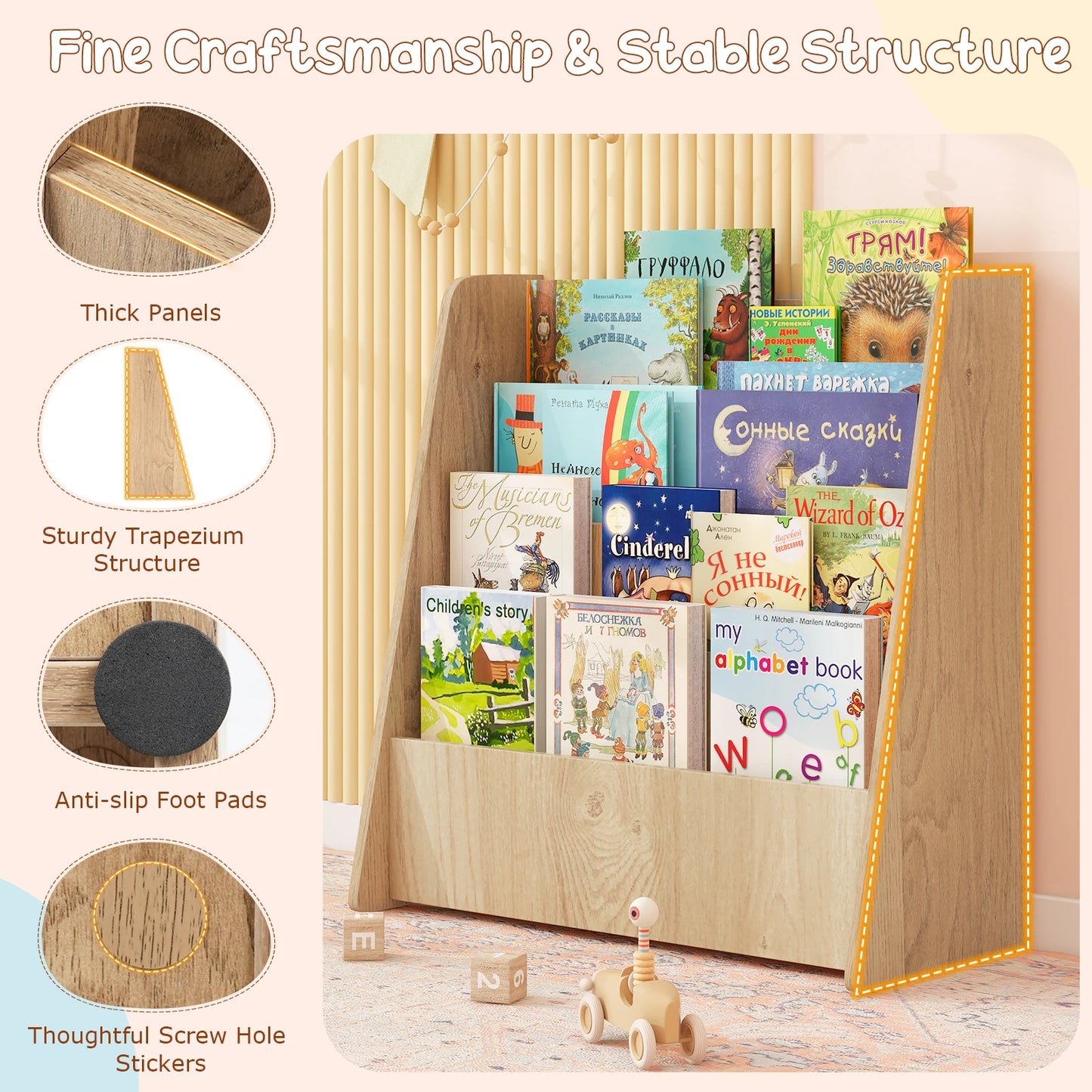 Toddlers Bookshelf Rack Deep Shelves Natural 4-tier