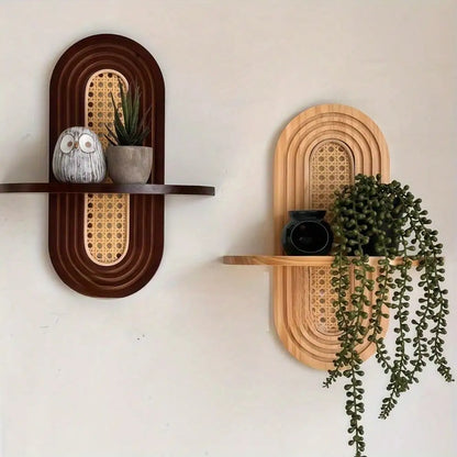 1pc Arched Bohemian Wood Rattan Floating Shelf