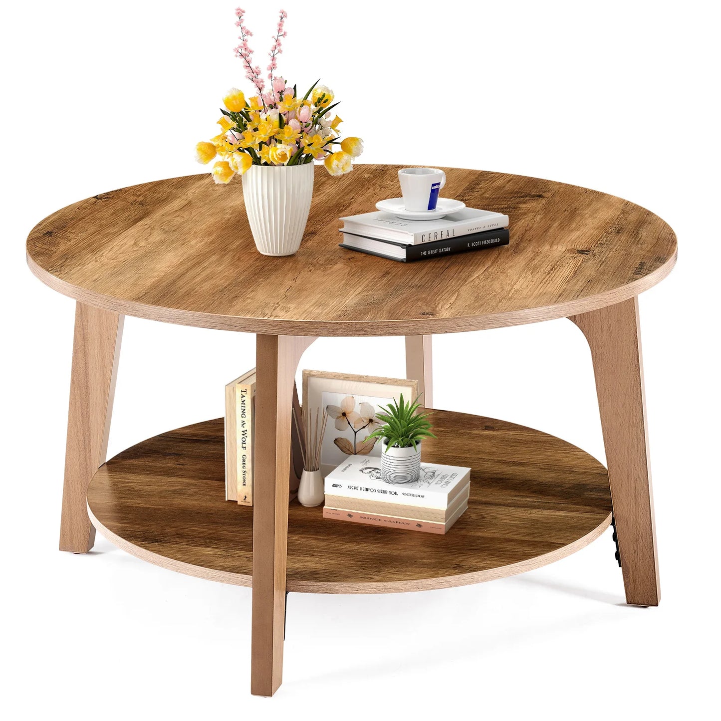 Wood Round Coffee Table for Living Room with Storage