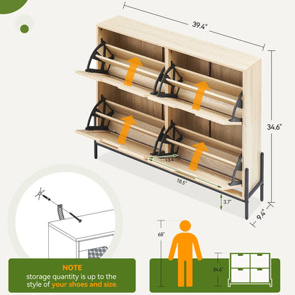 Rattan Shoe Cabinet with 4 Flip Drawers
