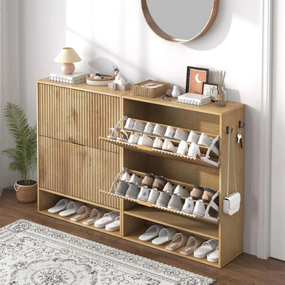 Slim Fluted Shoe Cabinet with 2 Flip Drawers