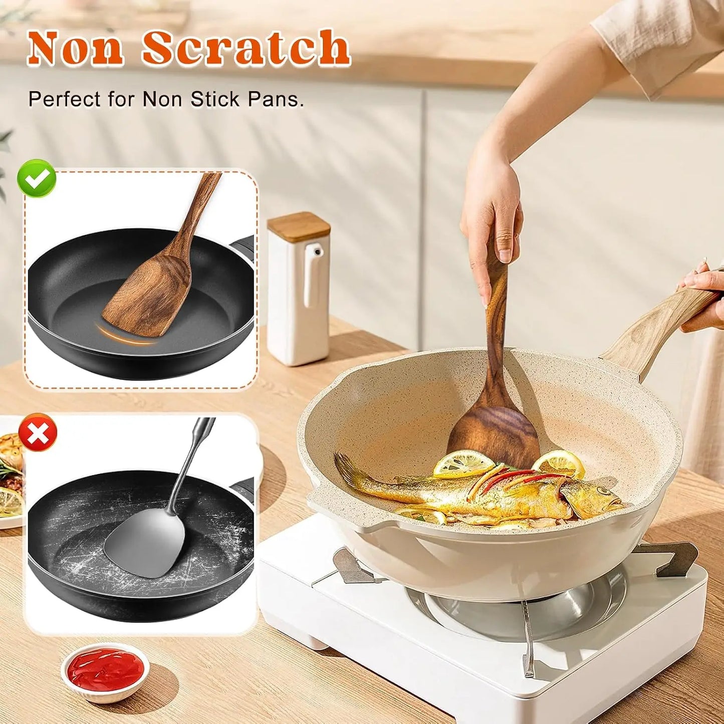 2Pcs Wooden Long Handle Flat Frying Spatulas