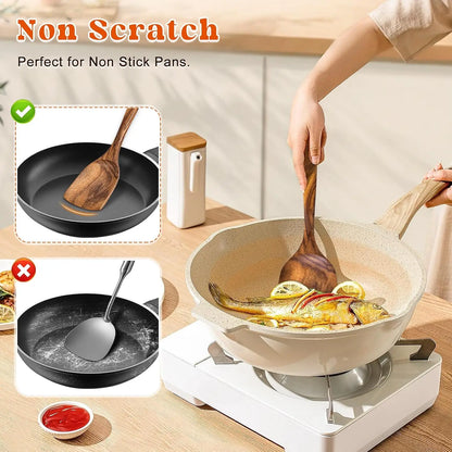 2Pcs Wooden Long Handle Flat Frying Spatulas