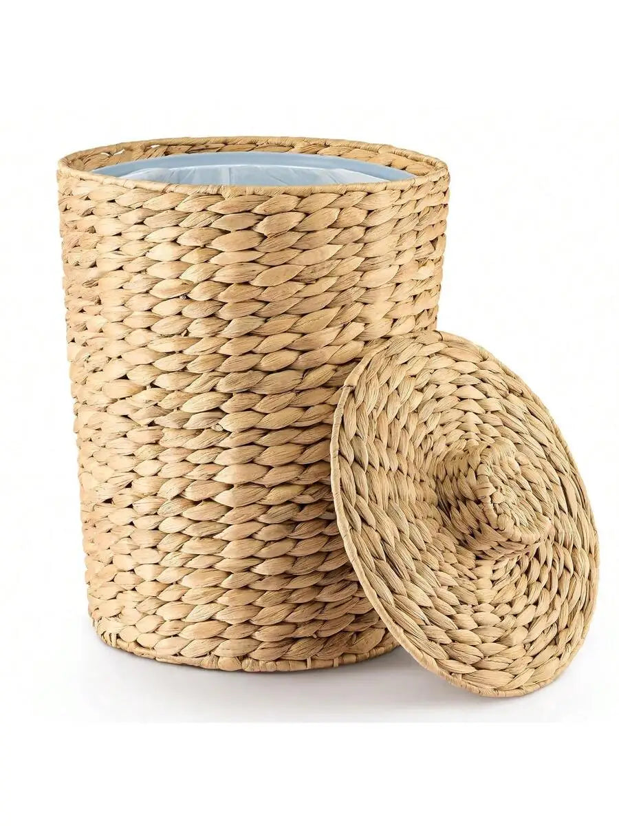Water Hyacinth Wicker Trash Can With Lid