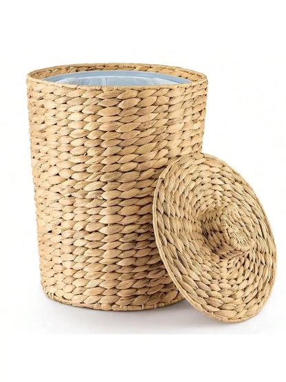 Water Hyacinth Wicker Trash Can With Lid