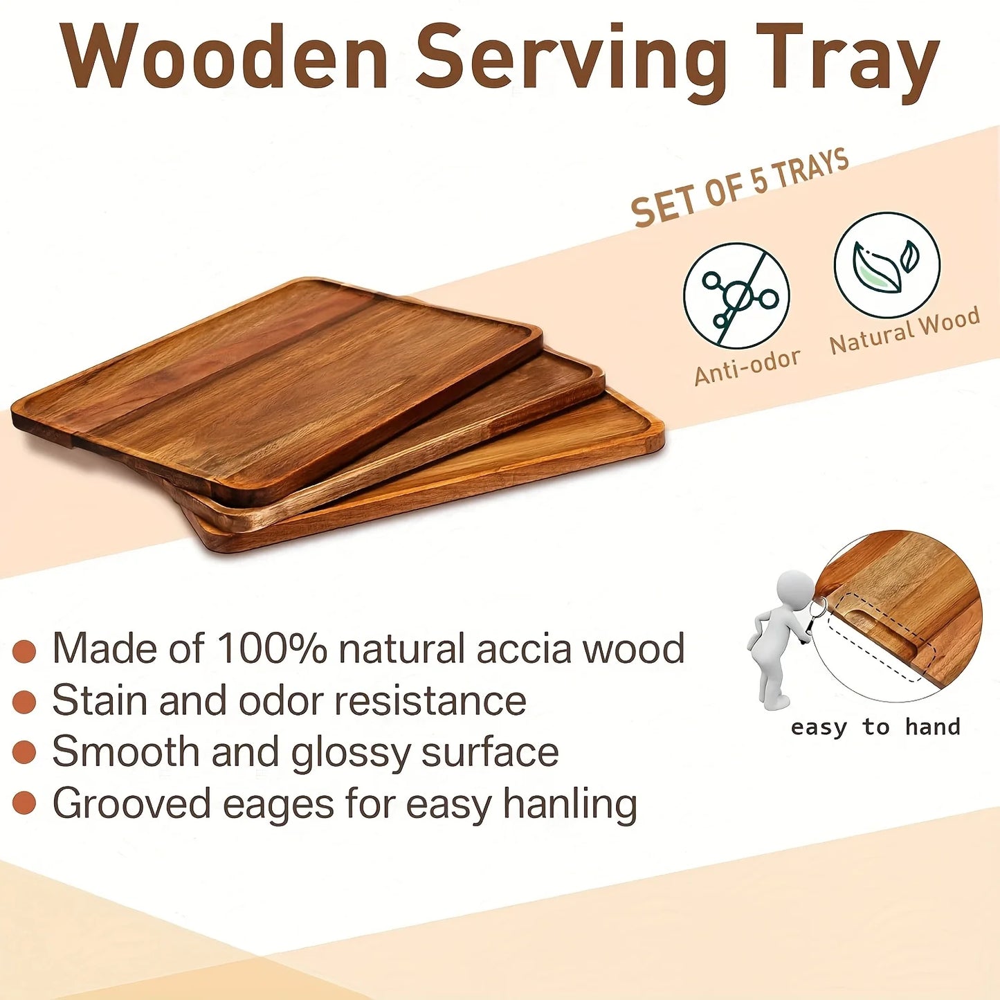 5 Pack Solid Acacia Wood Serving Trays Charcuterie