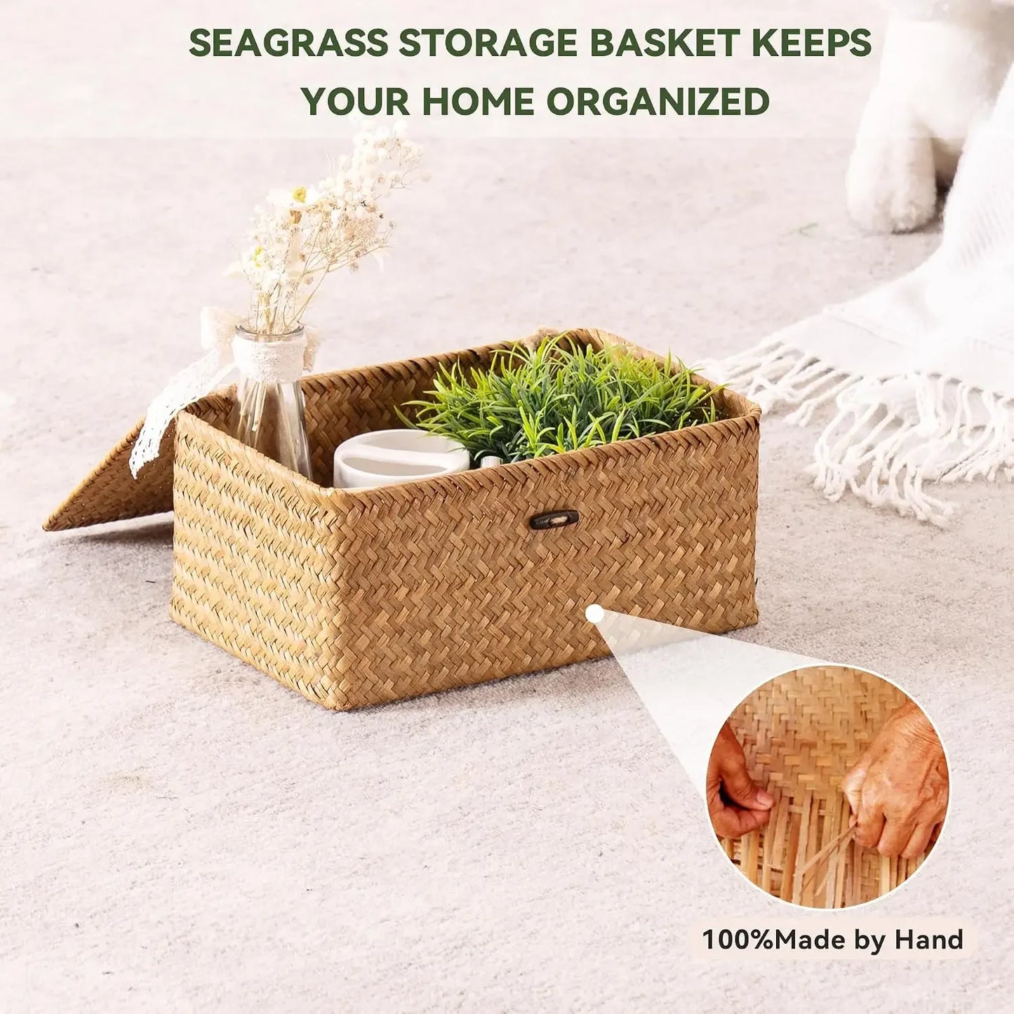 Natural Seagrass Bin with Lid Set of 3