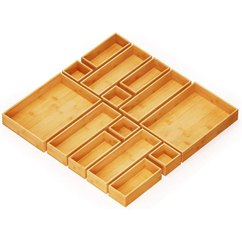 14-Piece Bamboo Drawer Organizer Storage Boxes Set