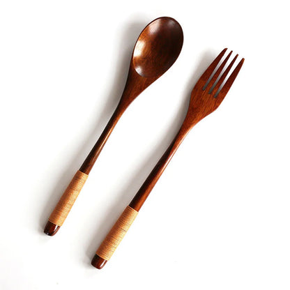 2PC Wooden Chopsticks Fork Spoon Cutlery Set